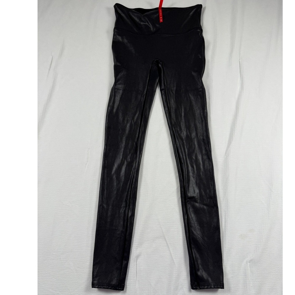 Spanx Faux Leather Leggings Black High Waisted Small S/P Metallic Crackle Finish